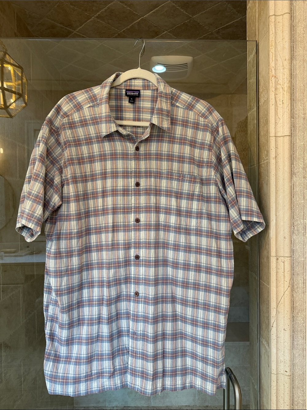 Patagonia Short-Sleeve Plaid Button-Down Shirt - Blue & Gray, size XL